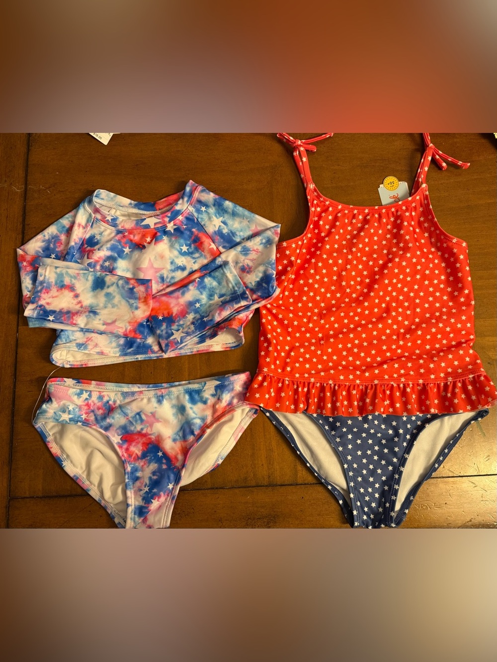 Cat & Jack Red Star-Print Girls' Swim Top with Blue Tie-Dye Accent S(6/7)
